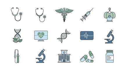 Modern health and wellness vector illustration featuring medical equipment, DNA, and pills for healthcare marketing materials or scientific presentations