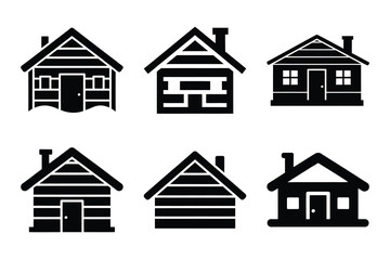 Christmas winter cabin icon set. Vector illustration of silhouette icons.