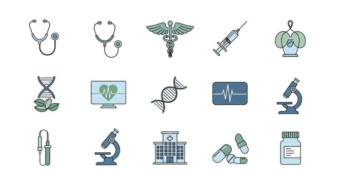 Modern health and wellness vector illustration featuring medical equipment, DNA, and pills for healthcare marketing materials or scientific presentations - Powered by Adobe