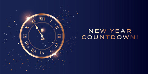 New Year Countdown background - shining golden clock on dark blue midnight background - luxury festive vector illustration