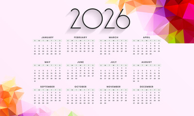 Elegant 2026 yearly calendar with minimalist typography and colorful polygon abstract background for modern planning and office wall decor
