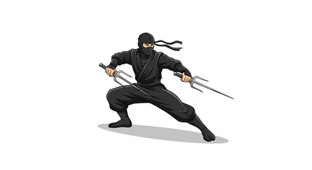 Ninja with Weapons: A skilled ninja, masked and clad in black, poised with weapons, embodies stealth and martial arts prowess. Depicting a moment of focus and readiness.