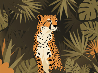 Captivating Spotted Cheetah Amidst Dense Tropical Jungle Leaves, a Vibrant Vector Illustration Showcasing Wild Nature © PDWN Creative