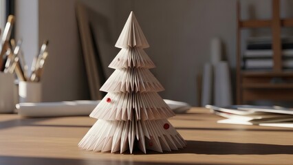 Photograph of a handcrafted paper Christmas tree with red accents in a studio setting. Ideal for holiday DIY visuals, creative branding, seasonal storytelling, and festive paper craft inspiration.