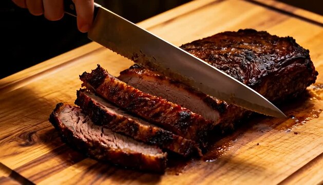 Slicing a slow-cooked roasted beef brisket on a wooden board, culinary presentation food prep, meat, carving.