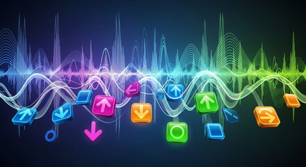 Dynamic sound waves with vibrant arrows and icons create an engaging visual, perfect for tech, music, or data concepts with modern appeal