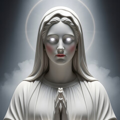 A white sculpture of a woman with glowing eyes and hands clasped in prayer, set against a cloudy backdrop and halo.