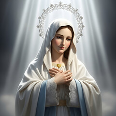 A woman, adorned with a white veil and halo, clasps her hands over her chest. Light beams down, illuminating the subject.