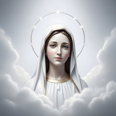 A woman in white robes, surrounded by clouds, is depicted with a halo and a serene expression, facing forward. The image presents her as a portrait.