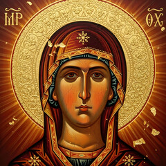 A religious icon depicts a person with a halo, wearing a richly decorated headdress and vestments, and with a centered face. The background is golden.
