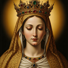 A woman with a jeweled crown and a golden veil is depicted in a portrait, looking downward with a serene expression. The background is a golden hue.