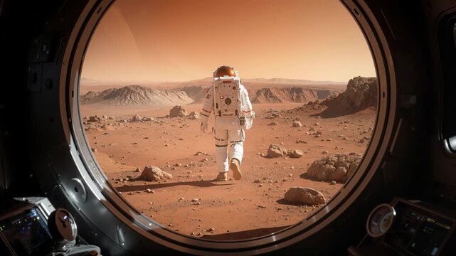 Spaceman walks across a barren extraterrestrial landscape of Mars. First steps on an alien world viewed from a spaceship porthole. Lockdown wide shot.