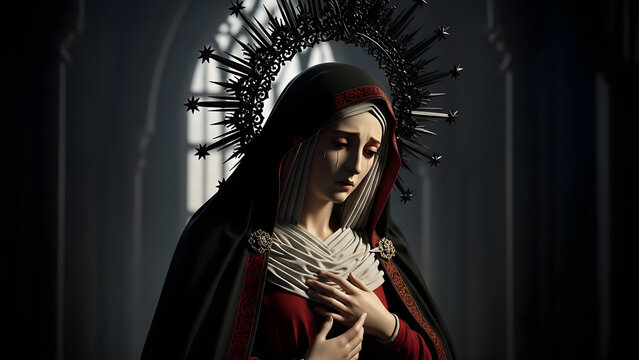 A woman, weeping, dressed in a red and black gown, a head covering, and a halo-like crown, is depicted within an arched space.