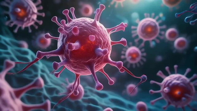 Slow-motion microscopic sequence depicting viral replication inside a host cell. Crisp structural details, realistic micro-environment, and dynamic division behavior illustrate the viral life cycle. 