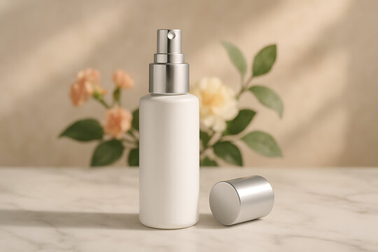minimal white spray bottle with silver cap on marble counter in front of soft beige wall and blurred pink flowers product display mockup