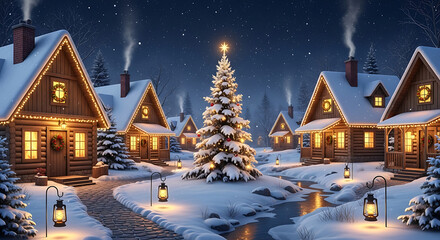 Magical Christmas Tree Lights in Winter Night – Holiday Background, Beautiful Snowy Christmas Village – Festive Winter Landscape, Winter Wonderland Christmas Scene with Snowfall