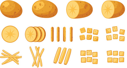 Potato vegetable illustration showing whole potatoes and assorted cuts including slices, fries, sticks, and cubes