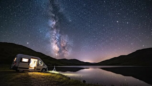 Camper Van by Lake at Night Under Starry Sky Timelapse Wilderness Camping