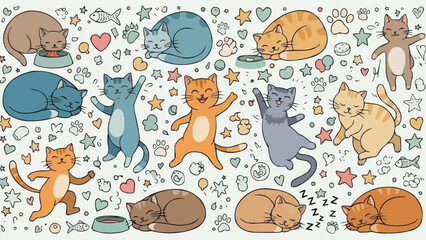 Collection of Adorable Cartoon Cats in Various Poses and Expressions.