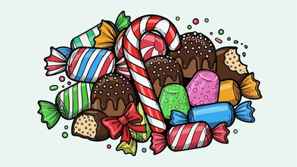 Colorful candy assortment with a prominent candy cane and various sweets.