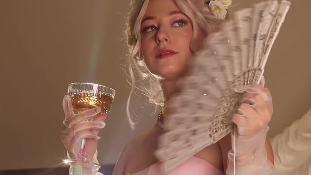 Woman in 18th Century Lady Costume with Fan Holding a Glass