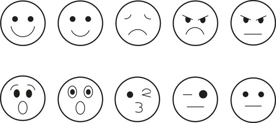 Minimalist Monoline Emoticon & Emotion Face Vector Icon Set: Linear Outline Smileys for Customer Feedback and Satisfaction UI/UX Design