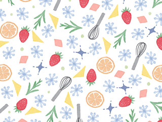 白背景にカラフル手描きイラストパターン。水彩の苺とオレンジと泡立て器。デザートやお菓子作りのコンセプト