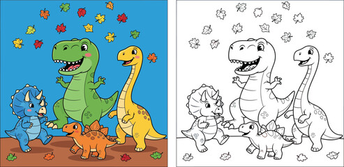 Fototapeta premium Cute cartoon dinosaurs group enjoying autumn season, happy T-Rex, Triceratops, Brachiosaurus and Stegosaurus characters with falling colorful leaves, vector illustration