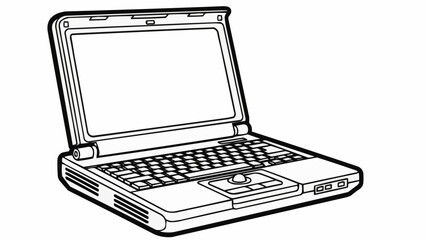 Vintage laptop computer line art illustration on a white background.