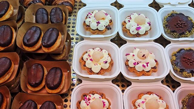 Fresh pastries and desserts at bakery display. Chocolate eclairs, cream tarts with macarons, and powdered sugar pastries arranged in boxes. Overhead view of sweet delicacies for sale.