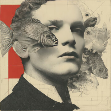 An art portrait in a surreal graphic style, combining a realistic depiction of a young man's face with detailed fish.  
