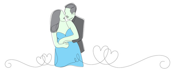 Continuous line art of a couple in wedding suits. This icon is for celebrating Valentine's Day and wedding invitation card stickers. Vector illustration with beautiful colors. Happy Valentine's Day