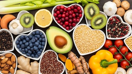 Assortment of healthy foods including fruits vegetables nuts and seeds in heart shapes Keywords