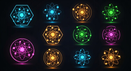 Vibrant neon atoms glowing against a dark background for science or technology projects needing a modern and futuristic feel, perfect for education