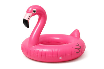 Pink inflatable flamingo swimming ring on transparent background for summer pool party and tropical vacation fun