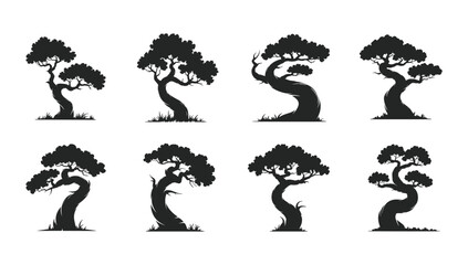 A collection of stylized black bonsai tree silhouettes with traditional brush stroke texture on a white background