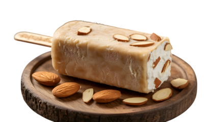 Creamy almond ice cream bar on a rustic wooden plate against a dark backdrop