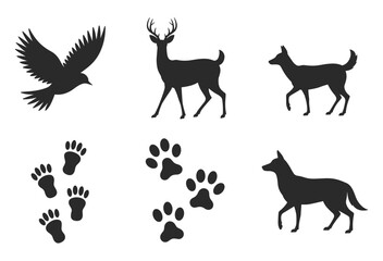 A diverse collection of black silhouettes featuring wildlife and pet animals with their corresponding paw prints on a clean white background
