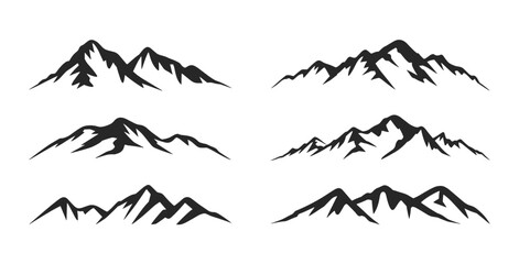 A collection of stylized black mountain range silhouettes is presented on a clean white background