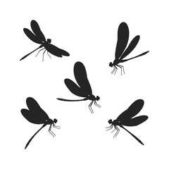 Elegant black dragonfly silhouettes are artfully arranged in various flying poses against a clean white background
