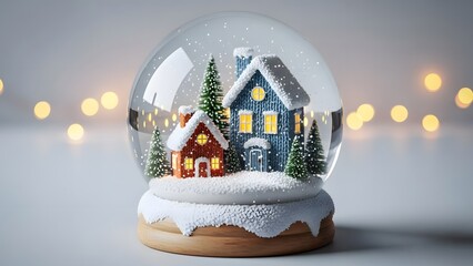 Charming miniature winter village scene inside a snow globe with glowing windows and soft bokeh lights in the background, perfect for holiday decoration
