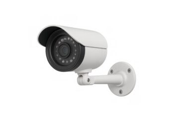 White security camera system providing continuous monitoring and protection, ensuring peace of mind, isolated on transparent background