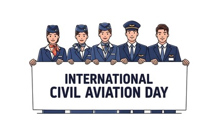 Celebrating International Civil Aviation Day with Aviation Professionals Holding a Banner