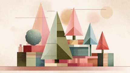 Geometric forest scene with soft pastel hues and stylized trees shapes.