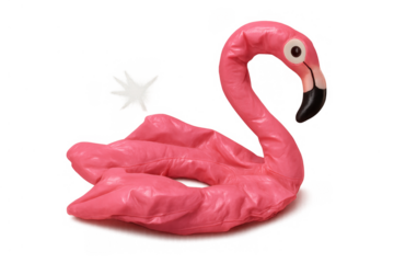 Deflated pink flamingo pool float losing air, summer fun ending, vacation concept, transparent background with sparkle