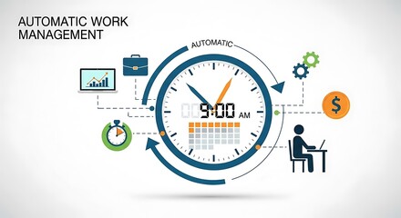 Automatic Work Management Concept with Clock and Business Icons.