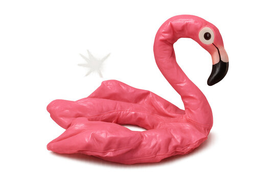 Deflated pink flamingo pool float losing air, summer fun ending, vacation concept, transparent background with sparkle