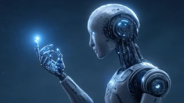 Futuristic humanoid robot presenting luminous light with advanced technology and intricate design in a digital universe 4k video footage