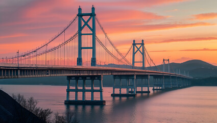 Fototapeta premium Bridge suspension long cables towers water sunrise sunset reflection mountains horizon calm serene landscape generative AI