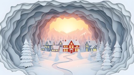 Paper cut style winter village scene with snow covered house nestled in a snowy cave opening during sunset or sunrise with warm light